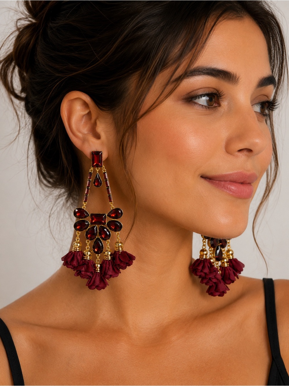 AKIRA Gold-Tone Burgundy Crystal & Tassel Statement Earrings - Picture 3 of 4